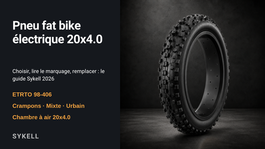 Pneu fat bike 20x4.0 tout-terrain Sykell, visuel éditorial avec marquage ETRTO 98-406 et sculptures crampons, mixte, urbain