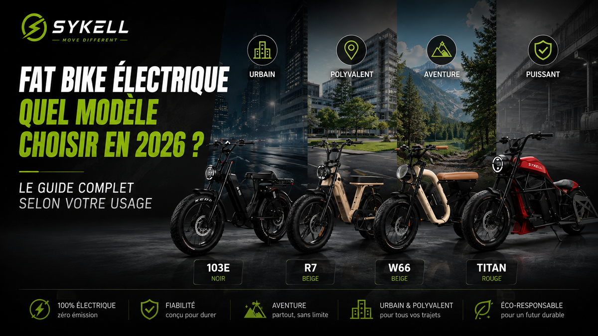 Visuel comparatif des Fat Bikes électriques Sykell 2026 présentant les modèles 103E, R7, W66 et Titan avec le titre « Quel modèle choisir en 2026 ? » selon différents usages : urbain, polyvalent, aventure et puissant.