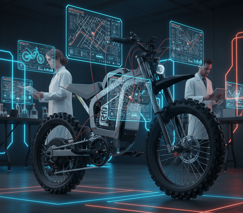 Illustration futuriste d'un vélo électrique présentant les innovations technologiques 2026 : batterie, IA et sécurité