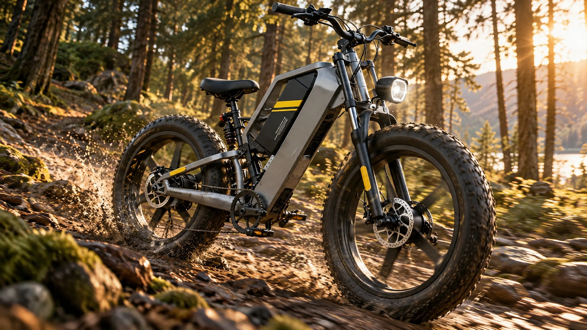 Fat bike électrique Sykell T26 à suspension intégrale roulant sur un chemin forestier technique avec racines.