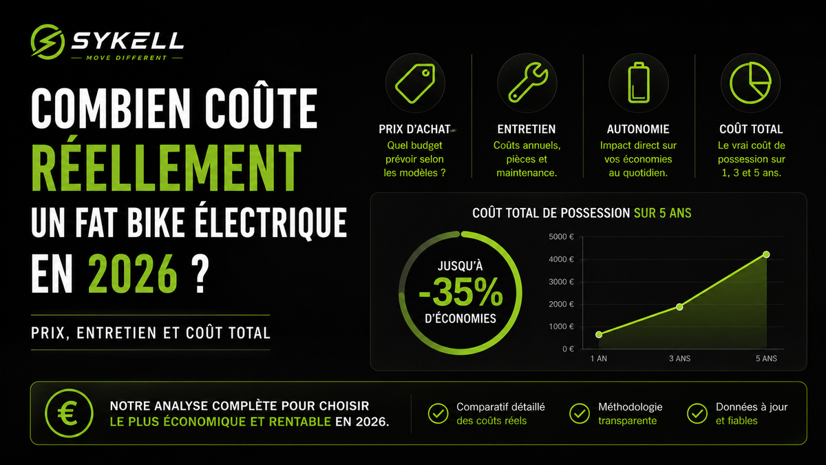 Infographie Sykell présentant les principaux éléments du coût réel d’un fat bike électrique en 2026 : prix d’achat, entretien, autonomie et coût total de possession sur plusieurs années.
