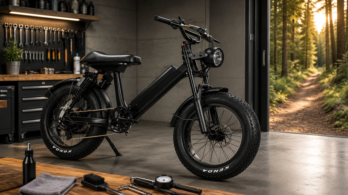 Entretien d'un fat bike électrique dans un atelier avec accessoires de maintenance