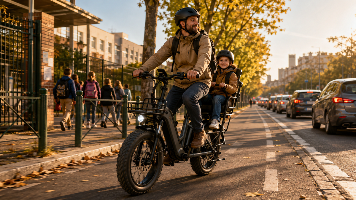 Parent transportant son enfant à l'école sur un Fat Bike électrique compact en France pendant la rentrée 2026, avec une circulation dense en arrière-plan.