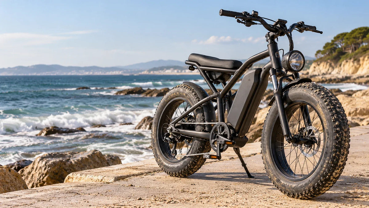 Fat bike électrique sur un chemin côtier : protection contre le sable, les embruns et la corrosion.