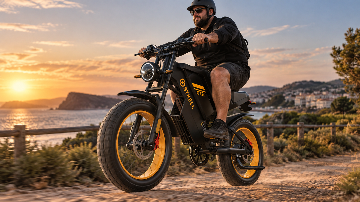 Cycliste de grand gabarit roulant sur le fat bike électrique Sykell GT20 sur un chemin côtier au coucher du soleil
