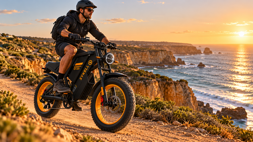 Cycliste sur un Sykell GT20 roulant sur un sentier de falaise au-dessus de l'océan en Algarve, lumière de fin de journée