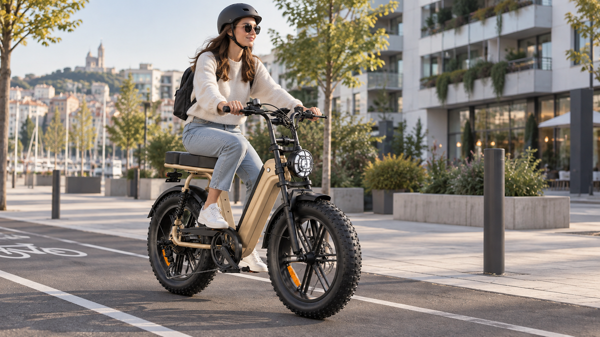 Femme à vélo sur un fat bike électrique Sykell R7 en ville sur une piste cyclable urbaine