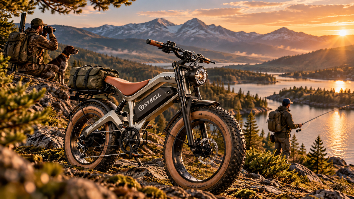 Fat bike électrique Sykell M20 (gris, selle et poignées marron) sur un promontoire rocheux au coucher du soleil ; à gauche un chasseur en tenue camouflage avec jumelles et chien, à droite un pêcheur au bord d'un lac