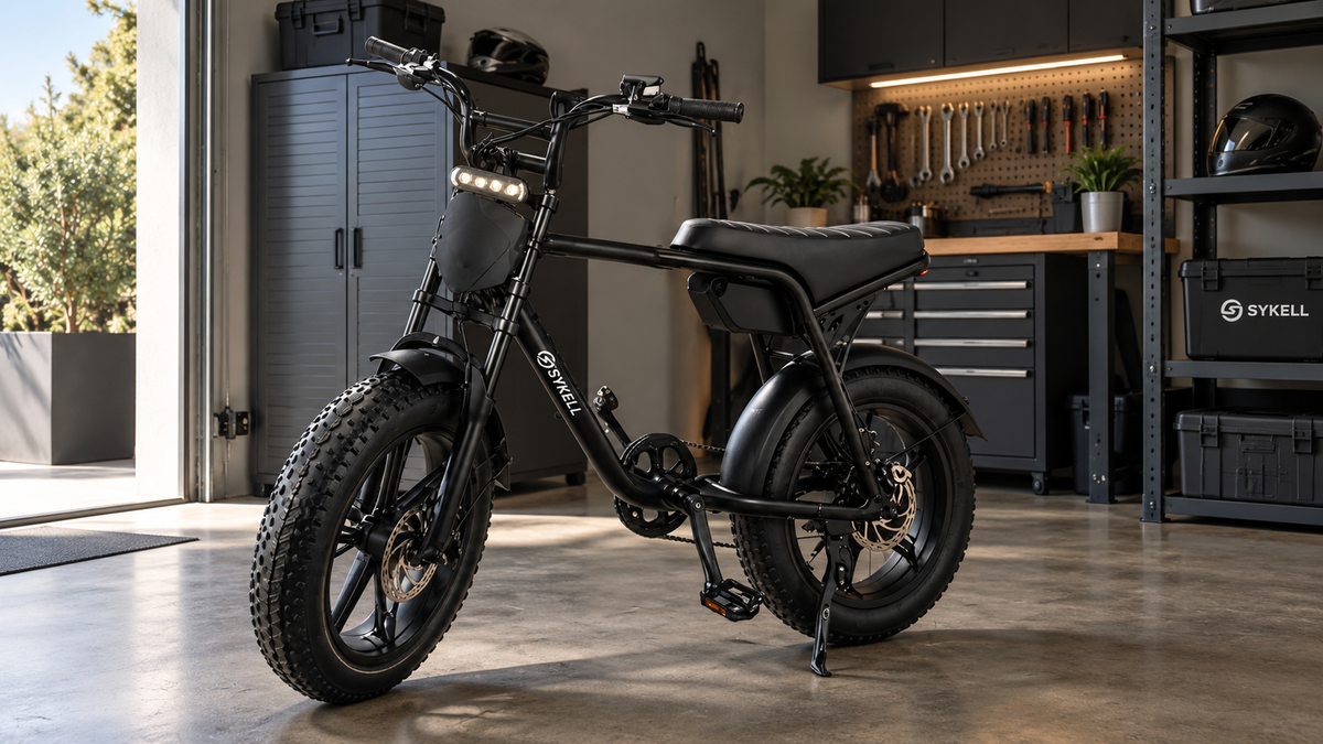 Fat bike électrique Sykell FATFISH noir rangé dans un garage moderne et sécurisé