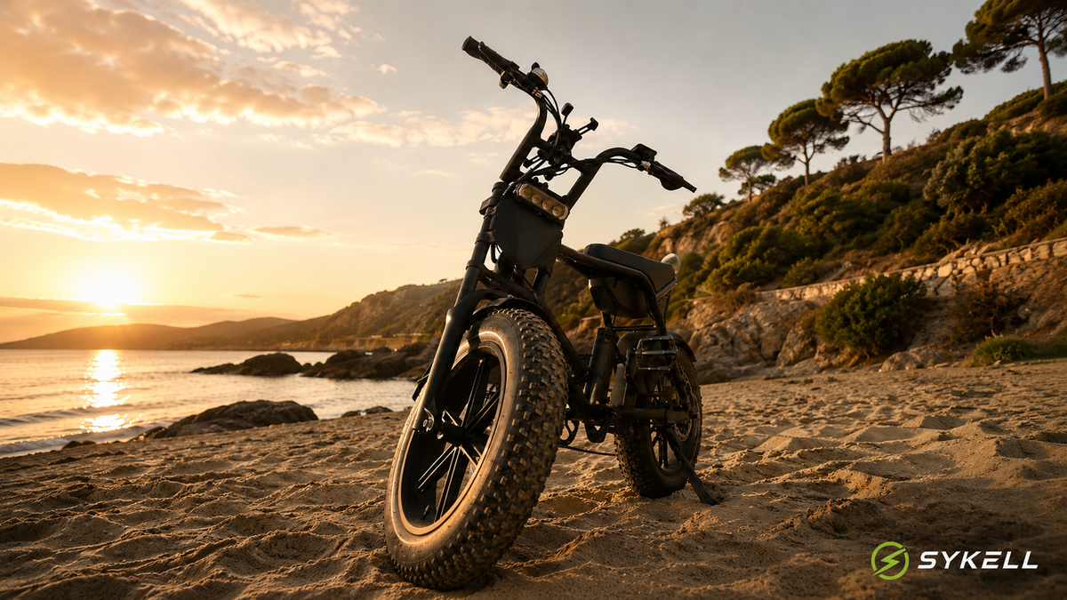Fat bike électrique Sykell FATFISH sur une plage de la côte varoise, gros pneus dans le sable au coucher du soleil