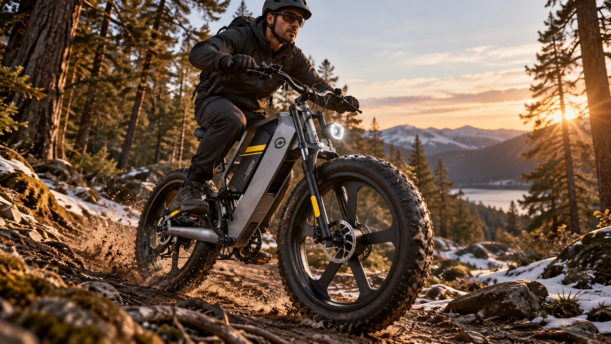 Sykell T26, fat bike électrique, roulant sur un chemin forestier mixte terre et neige légère