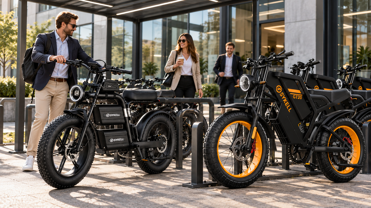 Flotte de vélos électriques Sykell E20 et GT20 stationnés devant un bâtiment d'entreprise le matin