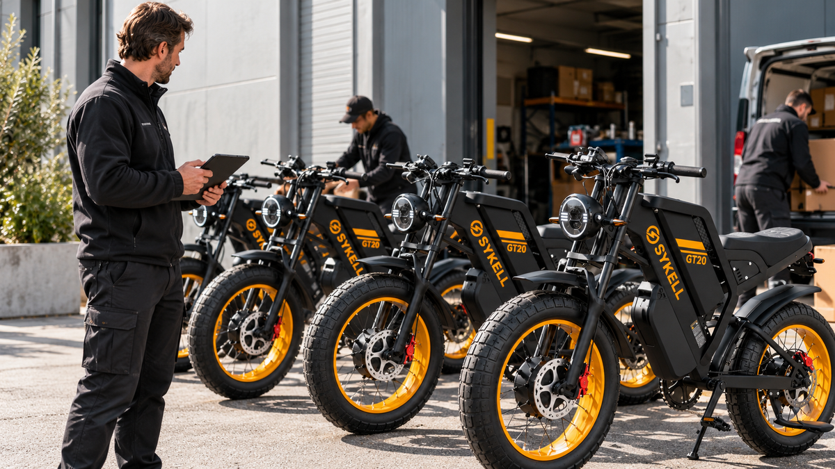 Entreprise réceptionnant une flotte de fat bikes électriques Sykell GT20 PRO dans le cadre d'un contrat de leasing professionnel