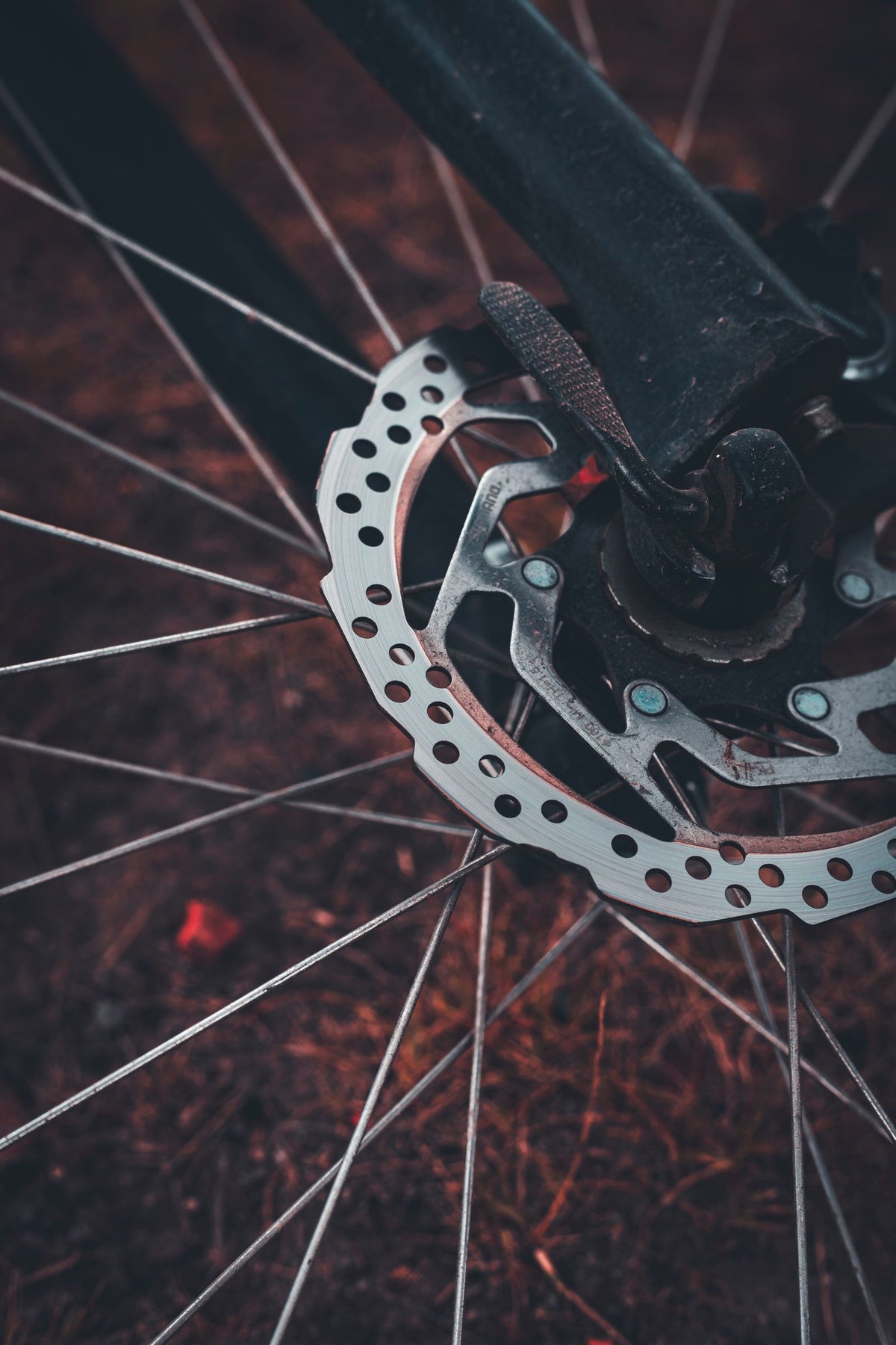 Gros plan sur le disque de frein avant d'un vélo, fixé au moyeu entre les rayons de la roue