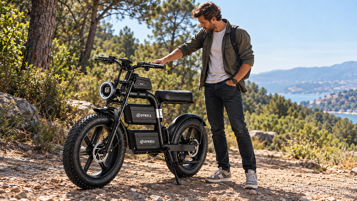 Cycliste observant un fat bike électrique Sykell E20 avant de l'essayer, sur un chemin en pleine nature