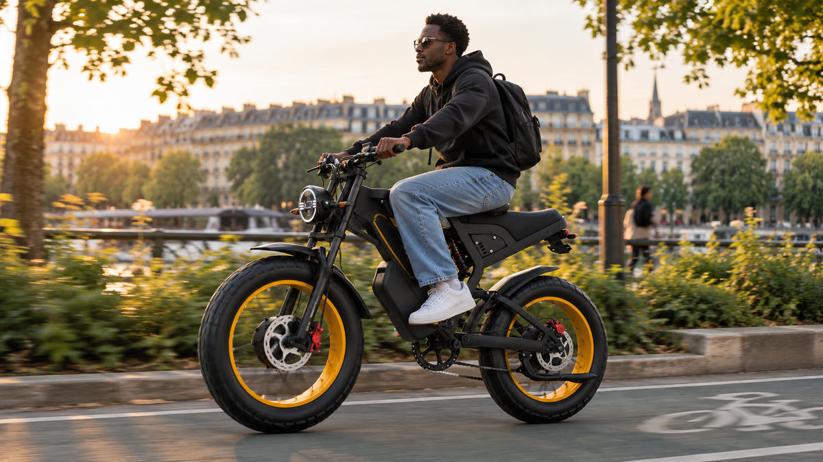Fat bike électrique Sykell GT20 PRO roulant sur une piste cyclable urbaine en France