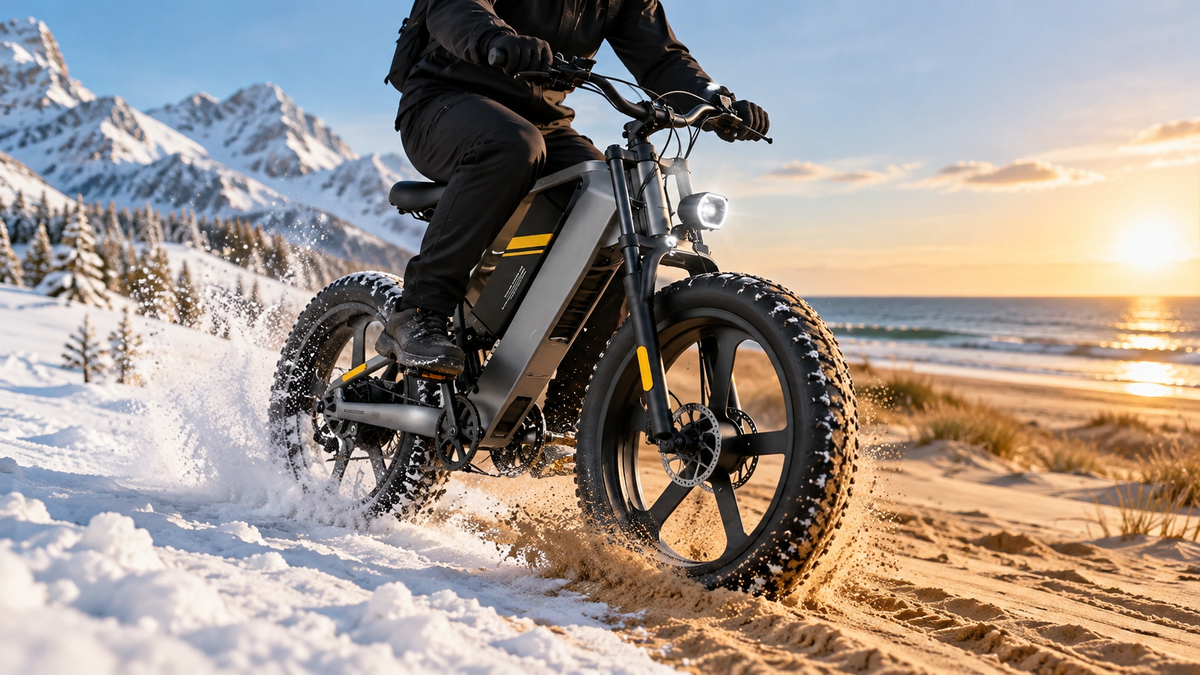 Sykell T26 fat bike électrique roulant sur sable et neige, adapté aux terrains difficiles en 2026