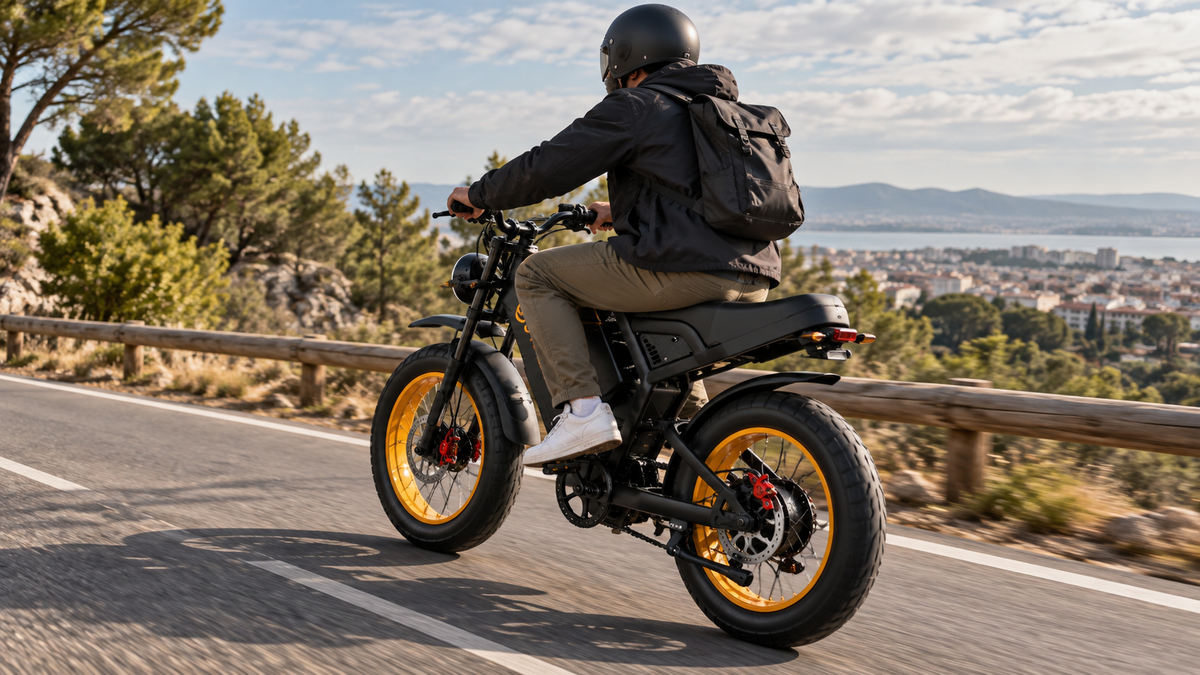 Cycliste roulant sur une piste cyclable avec un Sykell GT20, fat bike électrique homologué pour la route