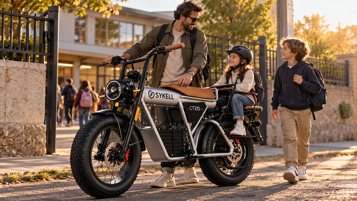 Parent et deux enfants avec le fat bike cargo électrique Sykell CT20 devant une école