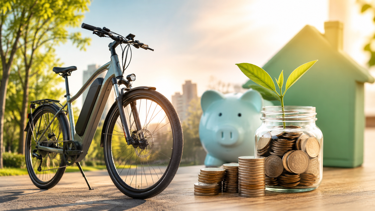 Vélo électrique moderne illustrant les aides financières 2026 avec une ambiance évoquant les économies, le bonus écologique et la prime à la conversion.