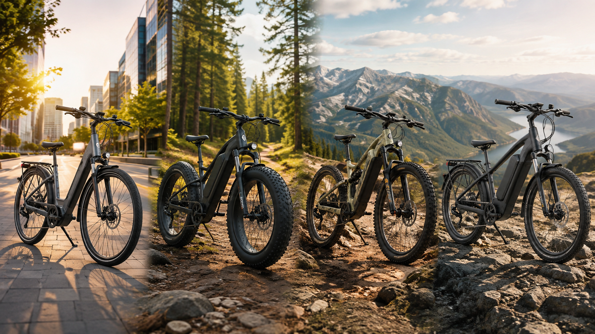 Comparatif visuel des principaux types de vélos électriques en 2026 : vélo électrique urbain, Fat Bike, VTT électrique et modèle longue autonomie
