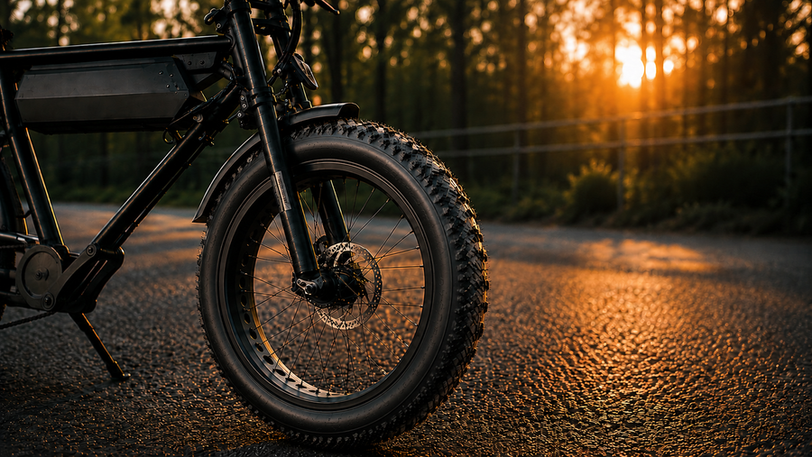 Mise en scène lifestyle d'un vélo électrique fat bike équipé d'un pneu tout-terrain à crampons noirs. Photographié au coucher du soleil sur une route bordée de forêt, ce visuel met en valeur l'adhérence, la robustesse et les capacités tout-chemin du pneu. La lumière dorée souligne les reliefs des crampons et renforce l'aspect premium de l'ensemble, tout en conservant une ambiance naturelle, chaleureuse et réaliste. Idéal pour illustrer un usage outdoor, les chemins forestiers, le gravel, les sentiers et les