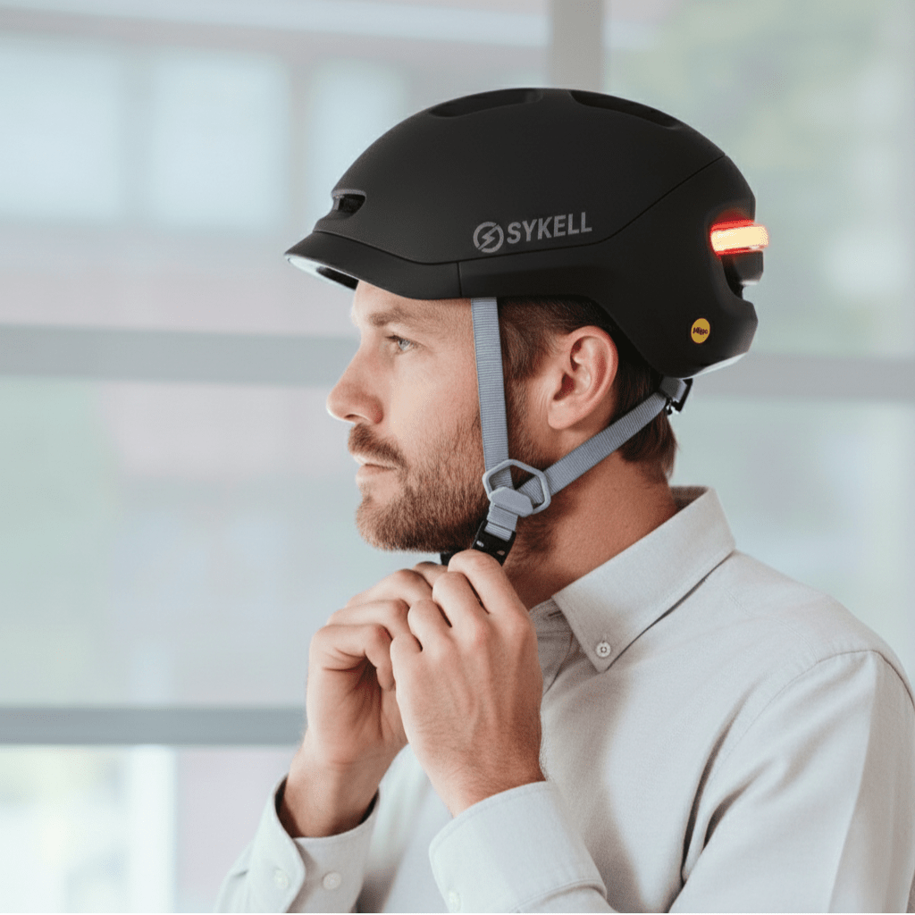 Casque vélo LED Sykell porté par un cycliste de profil