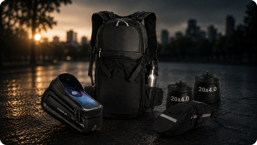 Découvrez un kit complet d'accessoires pour vélo électrique composé d'un sac à dos étanche grande capacité, d'un support smartphone étanche, d'un kit d'entretien et de chambres à air Fat Bike 20x4.0. Idéal pour les déplacements urbains, les balades et les longues sorties.