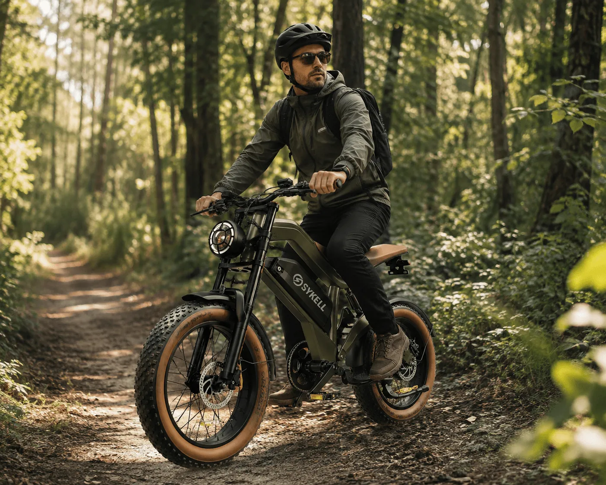 Vélo électrique M20 sur un sentier forestier