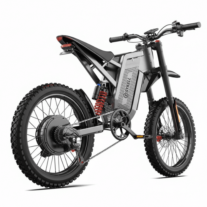 Vélo électrique Sykell MX21 Max vue arrière trois quarts, feu LED et amortisseur