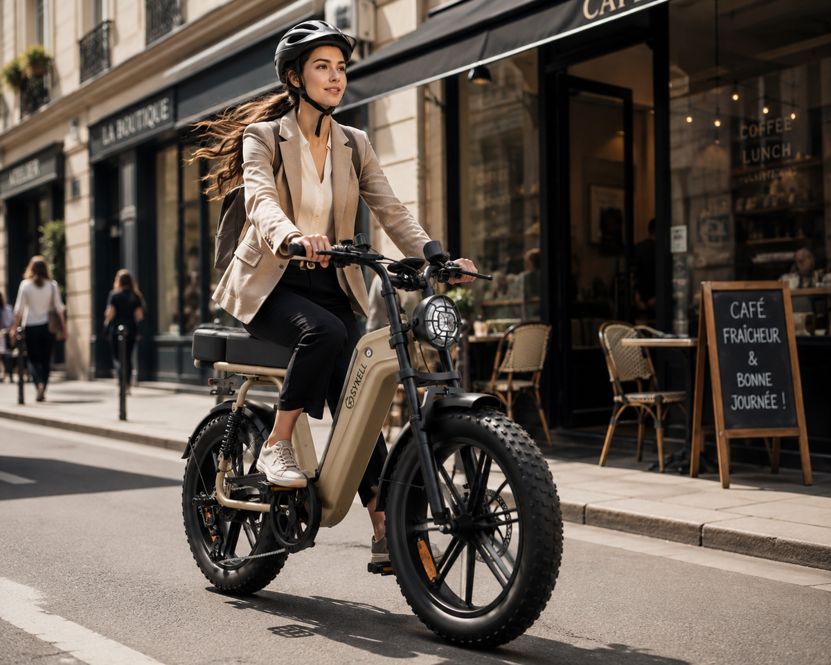 Fat bike électrique Sykell R7 vue d'une femme qui par travailler, vélotaf, pneus larges 20 pouces et éclairage avant LED.