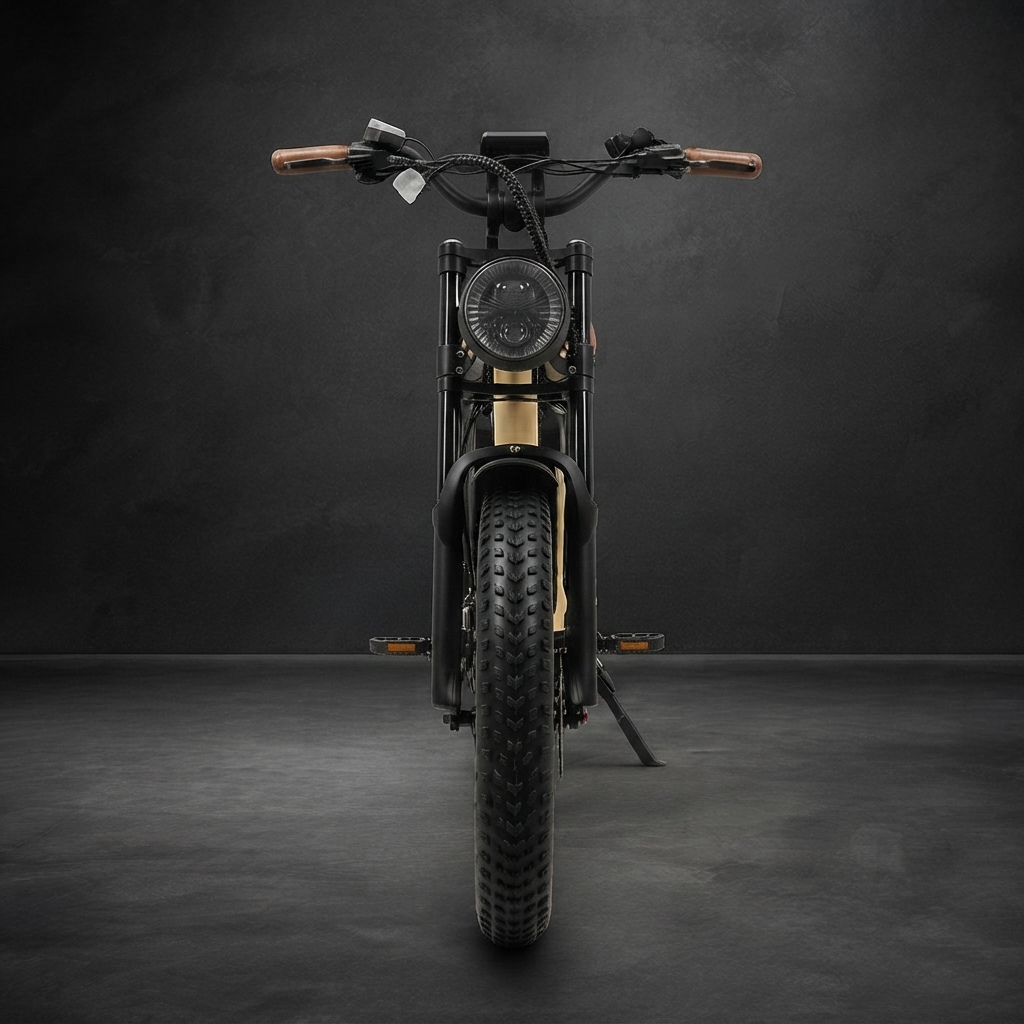 Vue de face du fat bike électrique Sykell W66 beige avec phare LED rond, fourche suspendue et pneus larges.