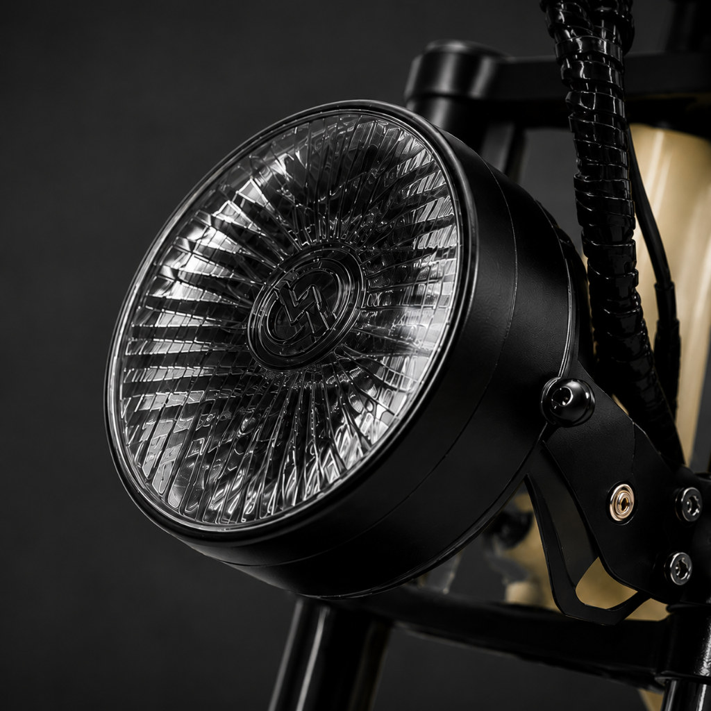 Gros plan du phare LED avant du fat bike électrique Sykell W66 avec support métallique et finition noire.