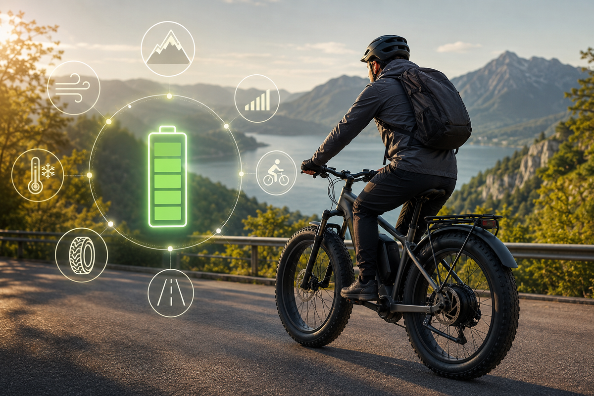 Illustration présentant les facteurs qui influencent l'autonomie d'un vélo électrique : capacité de batterie, météo, dénivelé, pression des pneus et mode d'assistance. Guide Sykell 2026 pour choisir le vélo électrique offrant la meilleure autonomie.