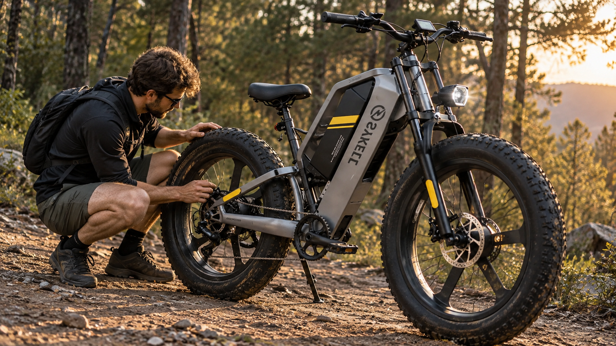 Cycliste agenouillé près de la roue arrière d'un fat bike électrique Sykell T26 arrêté sur un chemin forestier