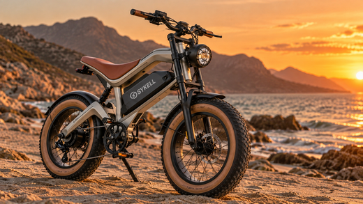 Fat bike électrique Sykell M20 sur une plage d'Andalousie au coucher du soleil, montagnes en arrière-plan