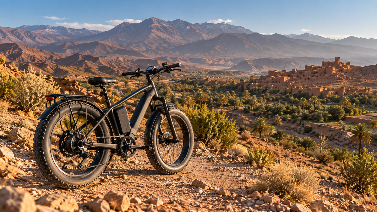 Fat bike électrique sur une piste rocailleuse dans un paysage de l’Atlas marocain au coucher du soleil