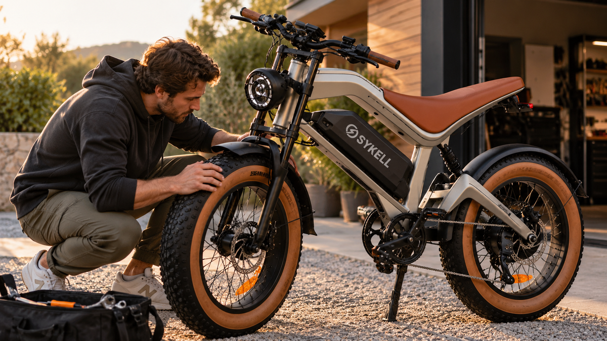 Acheteur inspectant les pneus et la batterie d'un fat bike électrique Sykell M20 avant un achat d'occasion