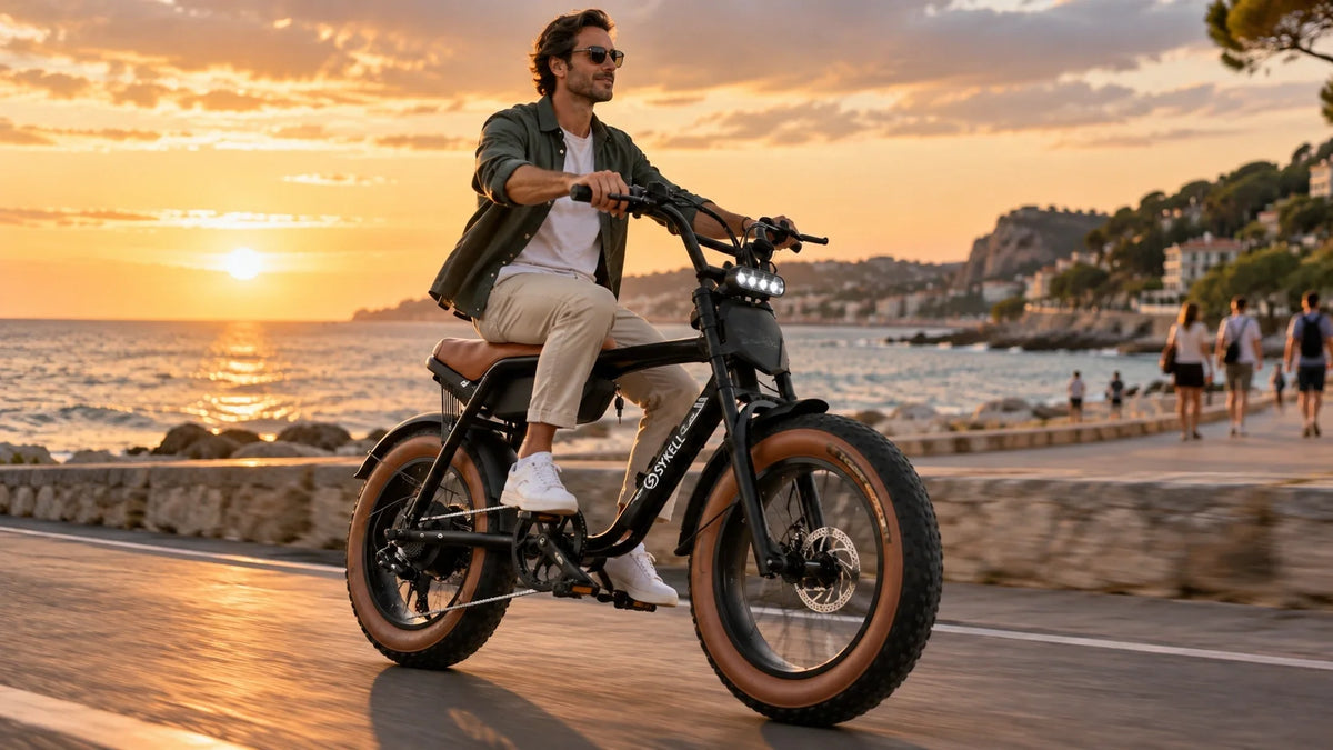 Cycliste roulant sur une promenade côtière au coucher du soleil sur un fat bike électrique Sykell FATFISH, coloris marron.
