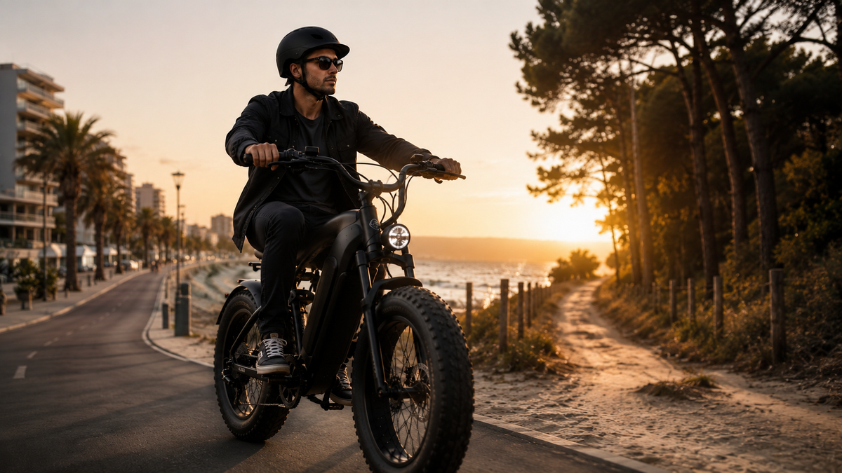 Fat bike électrique noir mat de style cruiser roulant sur une route côtière française au lever du soleil, illustrant la polyvalence entre ville, piste cyclable et chemins tout-terrain.