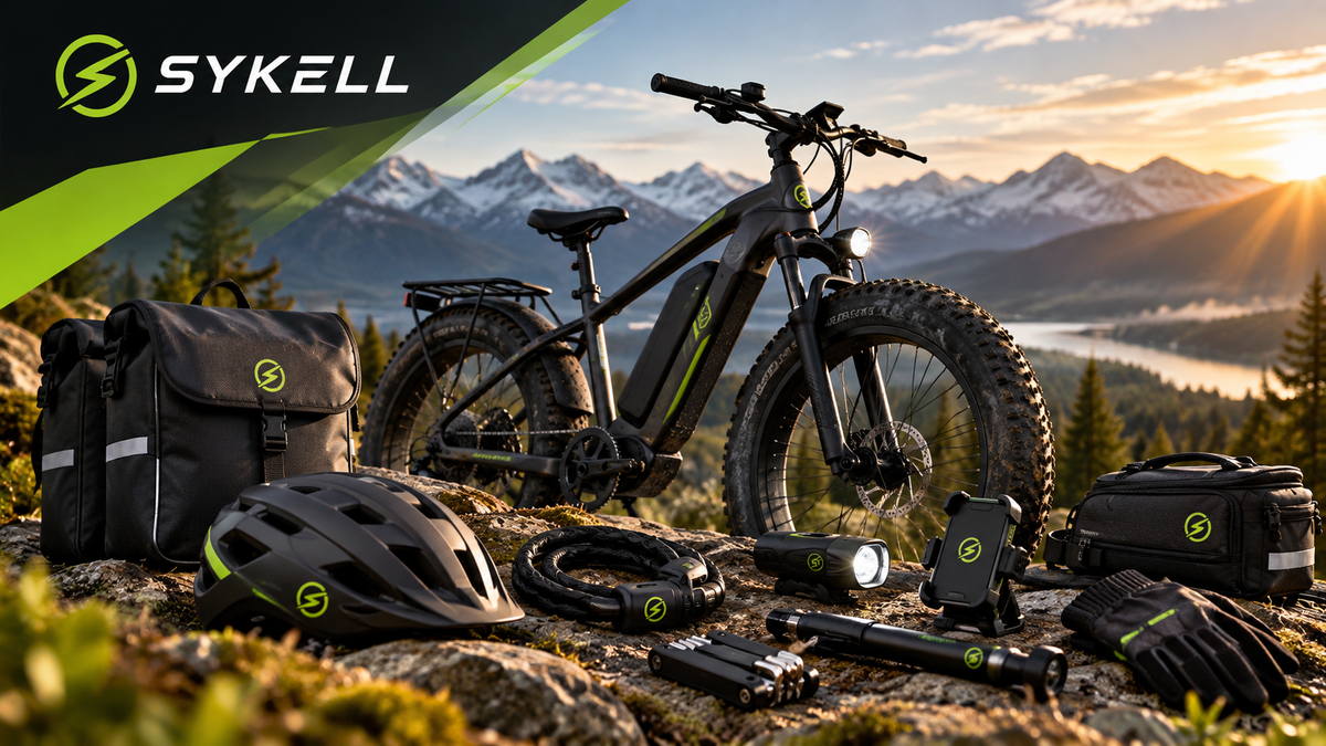 Vélo électrique fat bike SYKELL équipé d'accessoires essentiels (sacoches, casque, antivol, éclairage et support smartphone) dans un paysage de montagne au coucher du soleil.