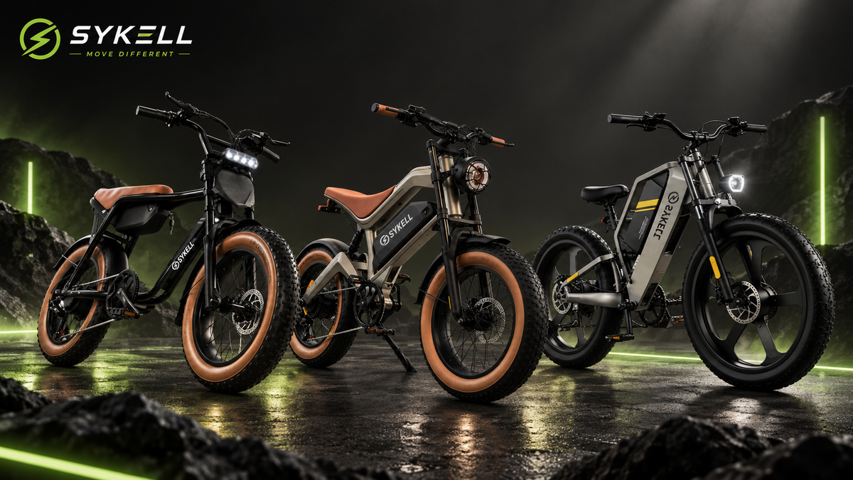 Trois fat bikes électriques Sykell FATFISH, M20 et T26 côte à côte sur fond sombre, illustrant le comparatif 2026