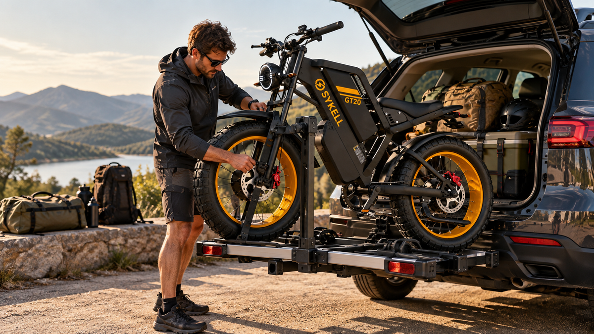 Fat bike électrique Sykell GT20 PRO fixé sur un porte-vélos plateforme à l'arrière d'une voiture avant un départ en week-end