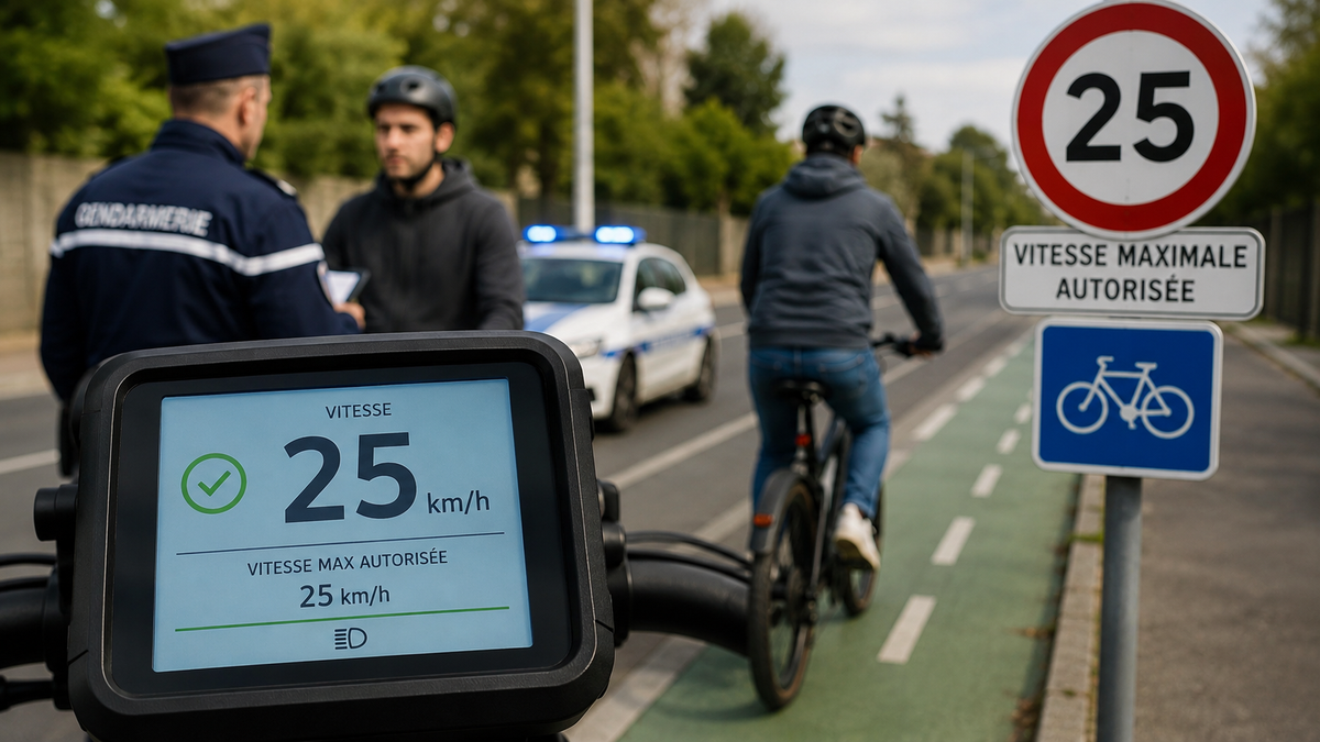 Vélo électrique conforme à la réglementation VAE française, assistance limitée à 25 km/h