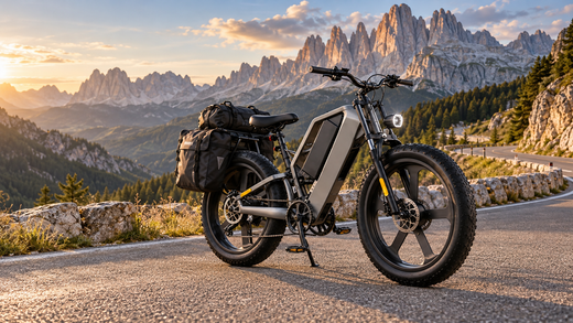 Fat bike électrique Sykell T26 sur une route de montagne dans les Dolomites, en Italie, prêt pour un road trip à vélo électrique.