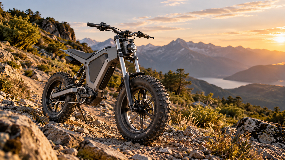Sykell R19 fat bike électrique sur un sentier de montagne au coucher du soleil