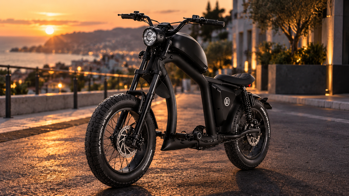 Fat bike électrique Sykell FT02 au style chopper, posé de trois-quarts avant sur fond urbain au crépuscule, comparatif Sykell vs Bikle 2026