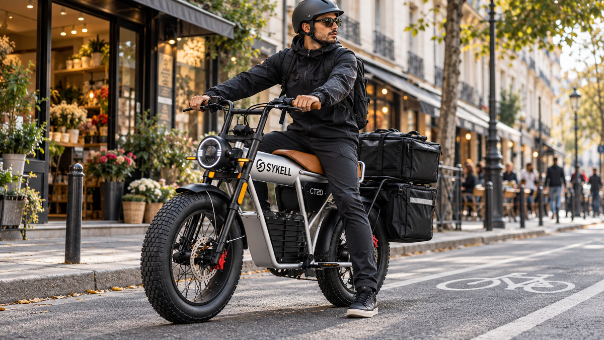 Livreur professionnel à vélo avec le vélo cargo électrique CT20 Sykell chargé de sacoches de livraison, arrêté en centre-ville
