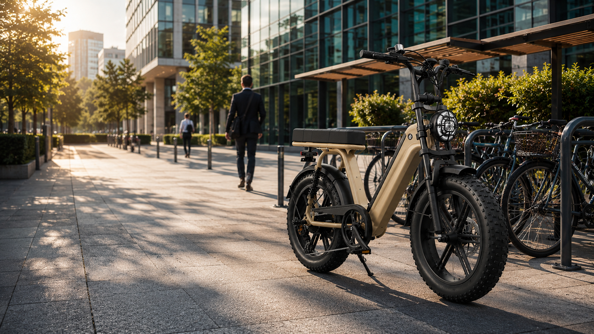 Un vélo électrique Sykell garé près d'un parking à vélos, pour un trajet domicile-travail en quartier d'affaires — l'un des usages les plus courants du vélo électrique en ville.