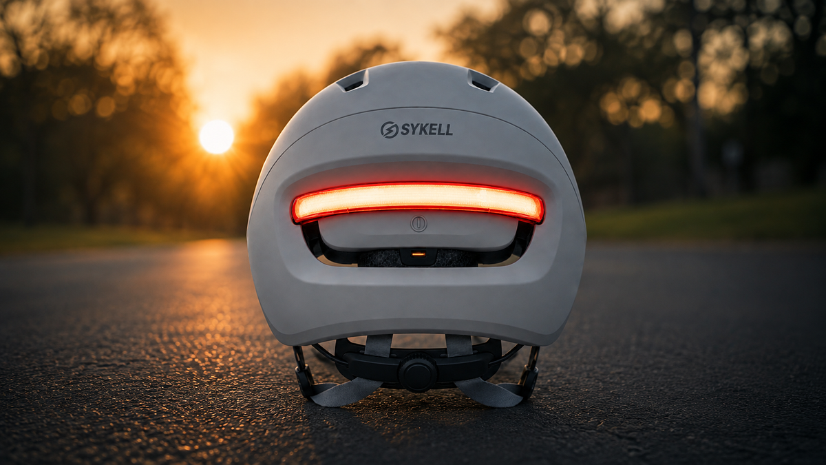 Vue arrière d'un casque de vélo électrique SYKELL équipé d'un feu arrière LED rouge allumé, photographié au coucher du soleil pour illustrer une visibilité optimale et une sécurité renforcée.